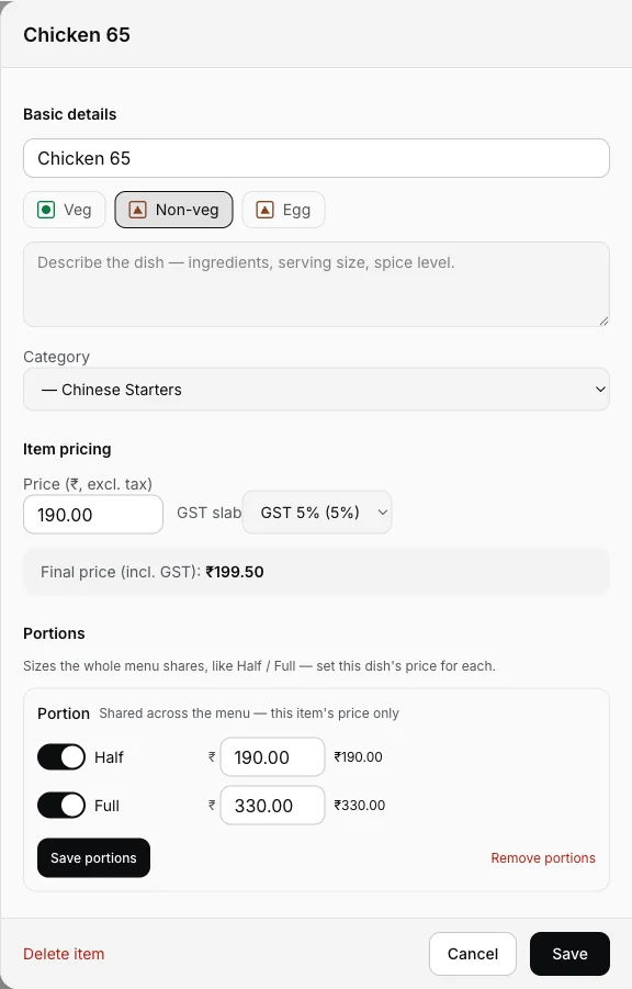 EasyKOT dish editor for Chicken 65: Veg / Non-veg / Egg buttons with Non-veg selected, a category dropdown, price ₹190 excluding tax with a GST 5% slab and final price including GST ₹199.50, and a Portions block with Half ₹190.00 and Full ₹330.00