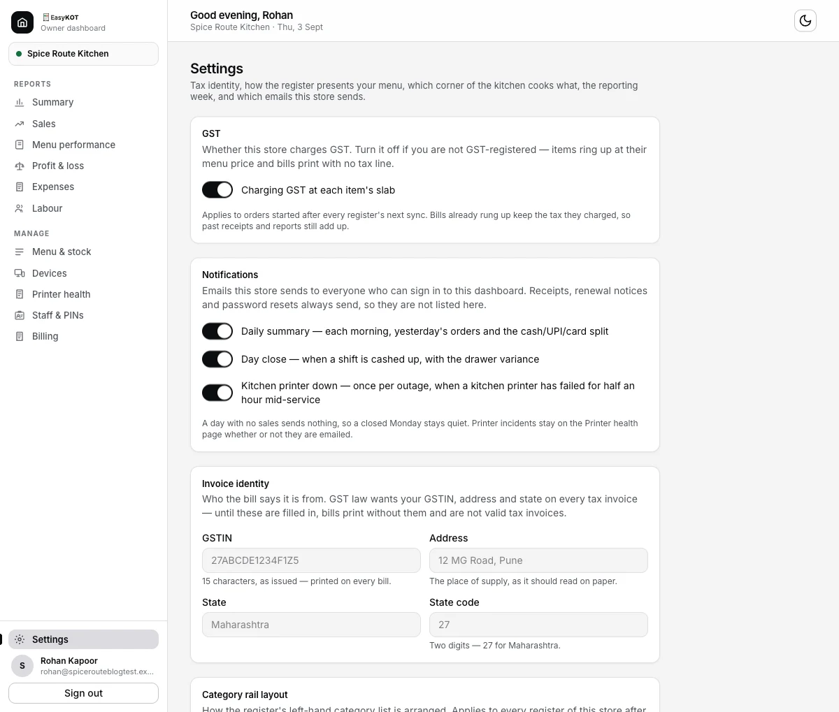 The dashboard's Settings page from the top: the GST card with its toggle on and 'Charging GST at each item's slab', and the Notifications card below it with Daily summary, Day close and Kitchen printer down all switched on, the last one reading 'once per outage, when a kitchen printer has failed for half an hour mid-service'