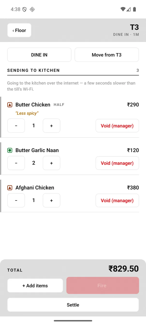 EasyKOT Android order screen after firing: the header reads SENDING TO KITCHEN with the note that orders are going over the internet, and every line now offers Void (manager) instead of Remove, with the Fire button greyed out