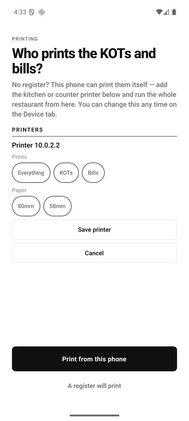 EasyKOT Android printer setup: Printer 10.0.2.2 with Prints set to Everything, KOTs or Bills, Paper 80mm or 58mm, and a Save printer button