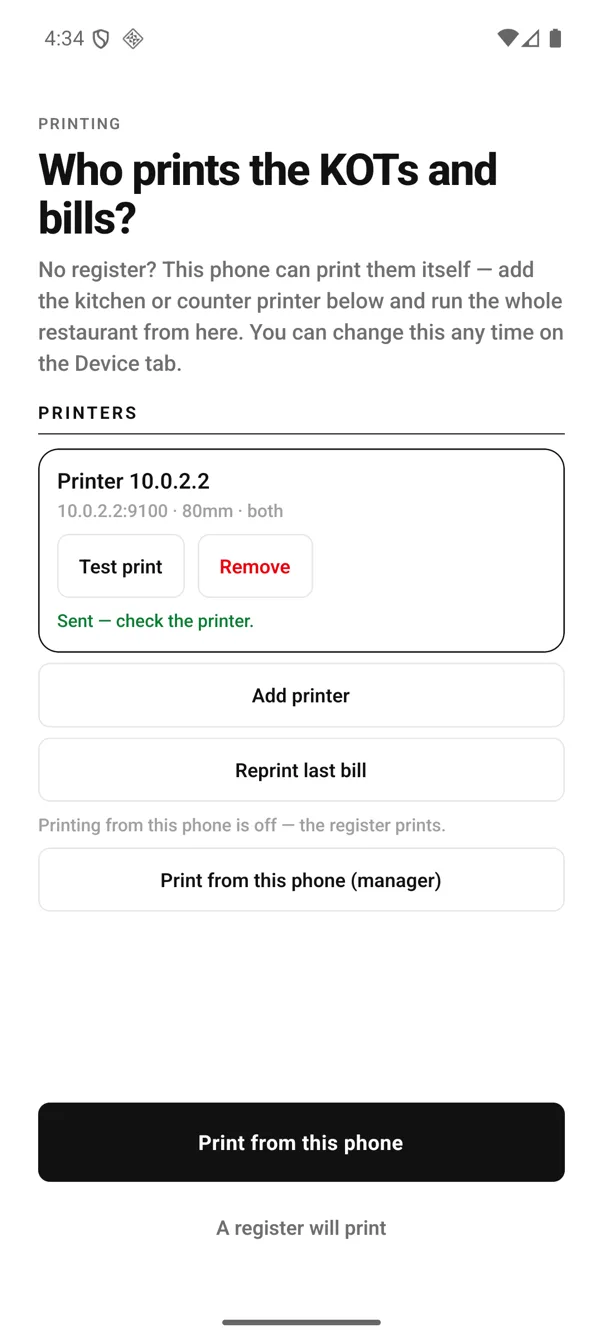 EasyKOT Android printer card after a test print, showing the green confirmation Sent — check the printer