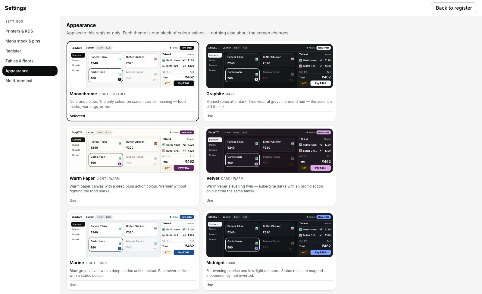 EasyKOT's Appearance settings: six theme cards — Monochrome, Graphite, Warm Paper, Velvet, Marine and Midnight — each showing a live miniature register in its palette, with Monochrome selected