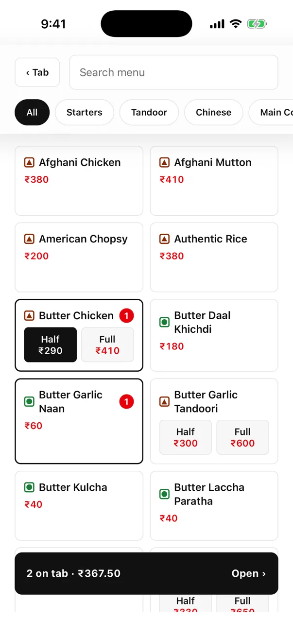 EasyKOT Captain app menu: veg circle and non-veg triangle marks, Butter Chicken Half ₹290 and Full ₹410 as two keys, sticky bar showing 2 on tab · ₹367.50
