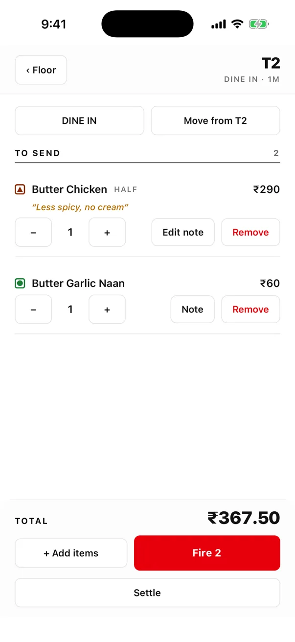 EasyKOT Captain app order for T2: Butter Chicken Half ₹290 carrying the note 'Less spicy, no cream' before it is fired