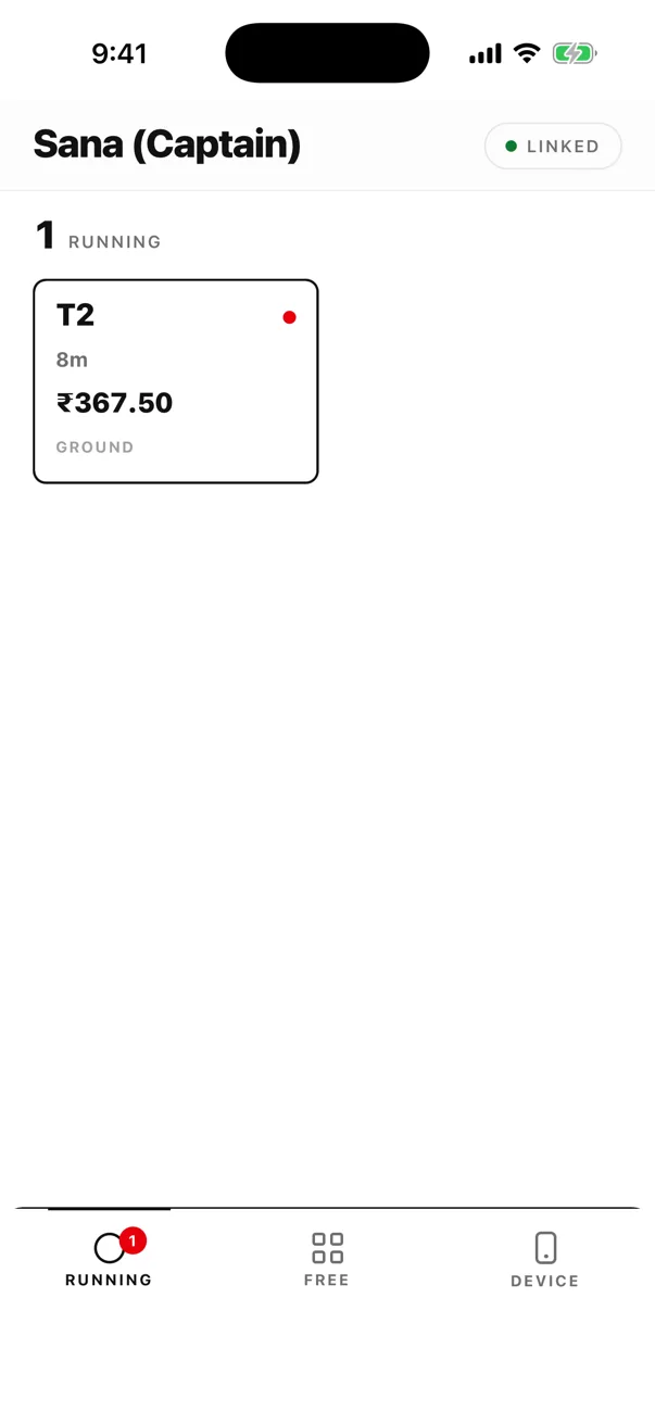 EasyKOT captain order-taking app Running tab: one table with a live 8-minute timer and ₹367.50, and a LINKED chip