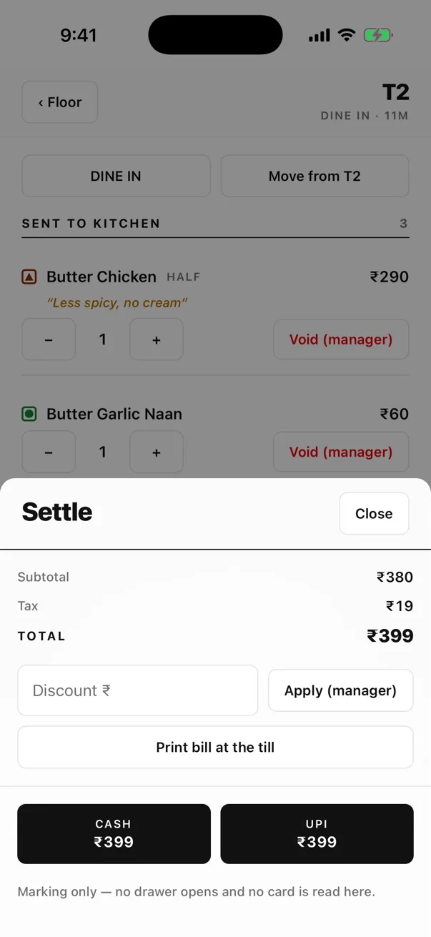 EasyKOT Captain app Settle sheet: Subtotal ₹380, Tax ₹19, TOTAL ₹399, CASH and UPI buttons, footer reading 'Marking only — no drawer opens and no card is read here.'