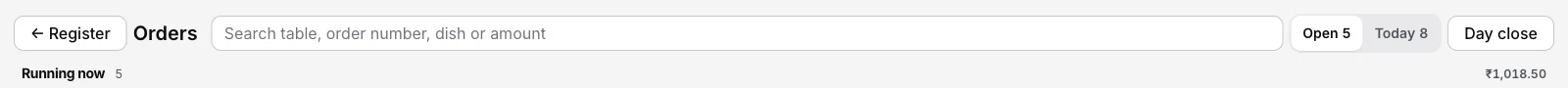 The EasyKOT Orders screen header: the search field, Open and Today tabs, and the Day close key on the right
