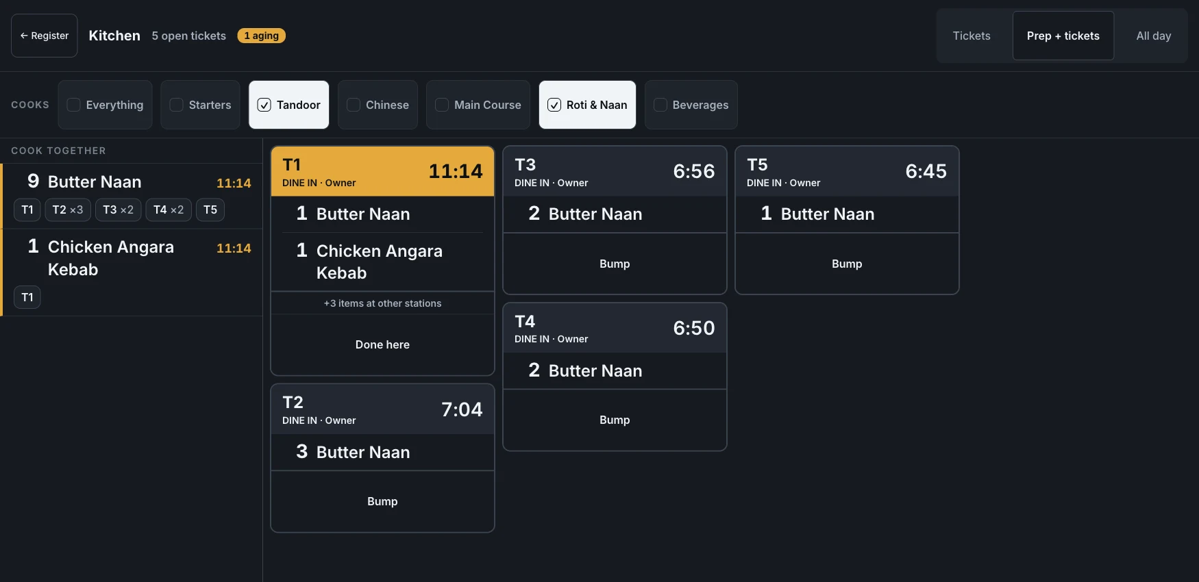 The EasyKOT kitchen board filtered to a station: the Cooks row has Tandoor and Roti & Naan ticked, a ticket shows its tandoor lines with '+3 items at other stations', and the key reads Done here instead of Bump