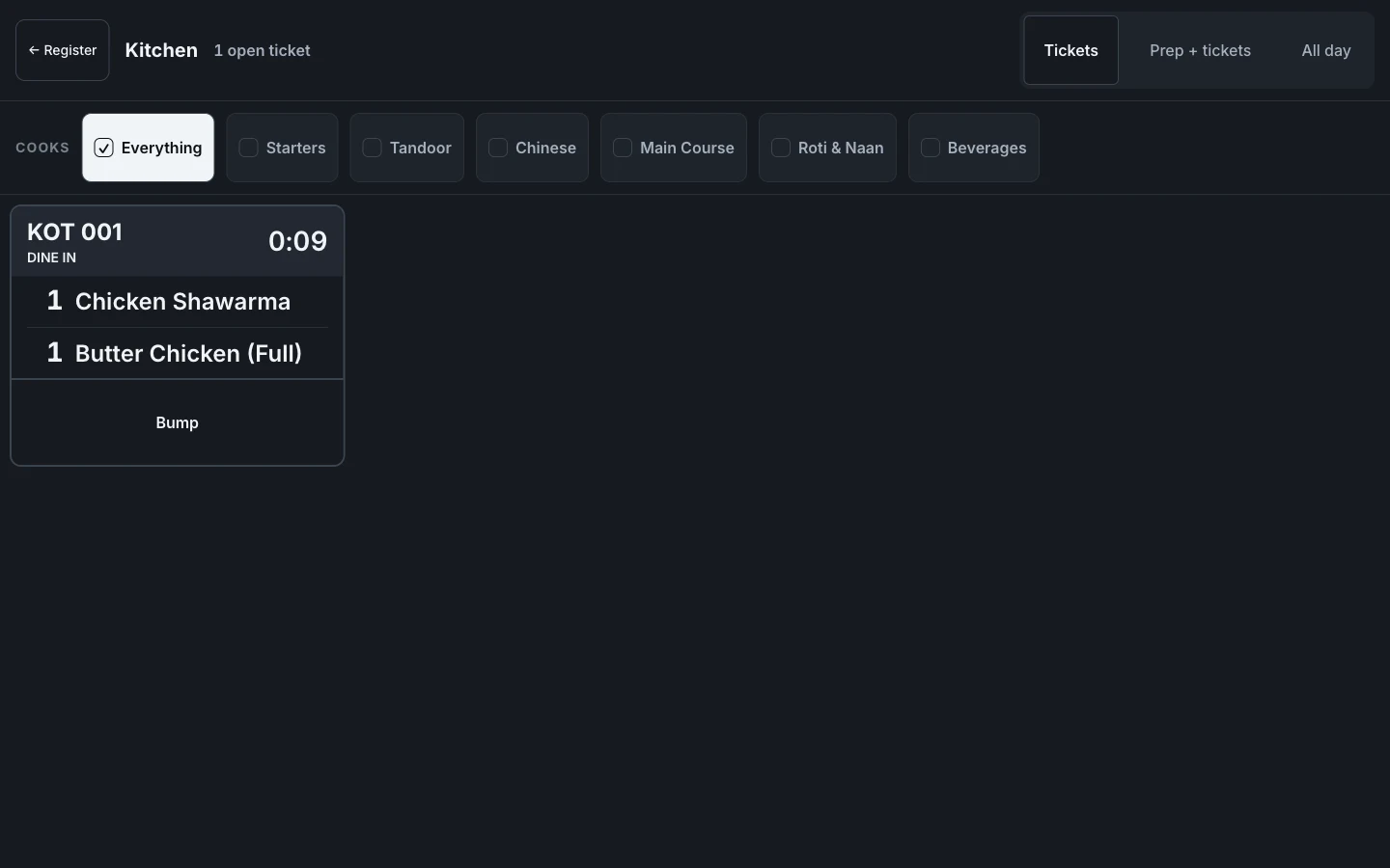EasyKOT kitchen screen showing 1 open ticket, KOT 001, DINE IN, a 0:09 timer, 1 Chicken Shawarma and 1 Butter Chicken (Full), and a Bump button