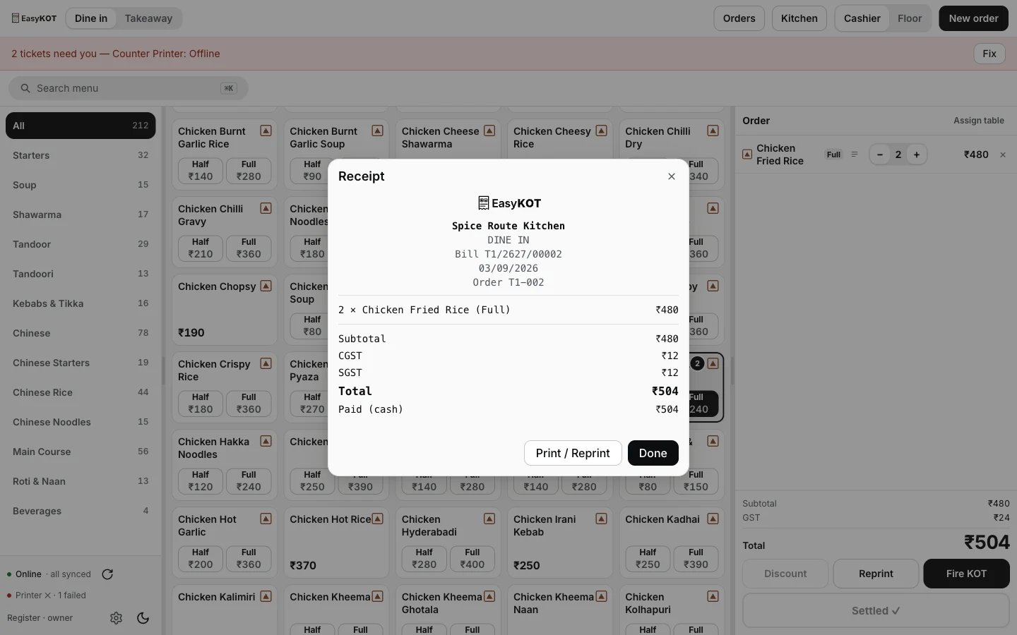 The EasyKOT register with a red banner across the top reading '2 tickets need you — Counter Printer: Offline' and a Fix button, above a receipt preview dialog for a settled ₹504 bill.