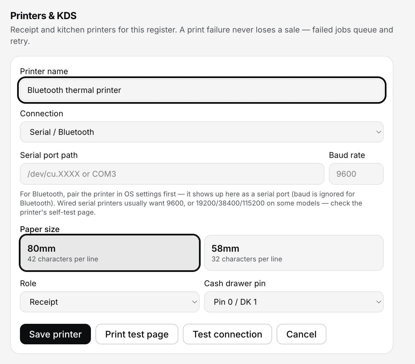 EasyKOT Add manually form set to Serial / Bluetooth: serial port path field showing /dev/cu.XXXX or COM3, baud rate 9600, and a hint to pair the Bluetooth printer in OS settings first