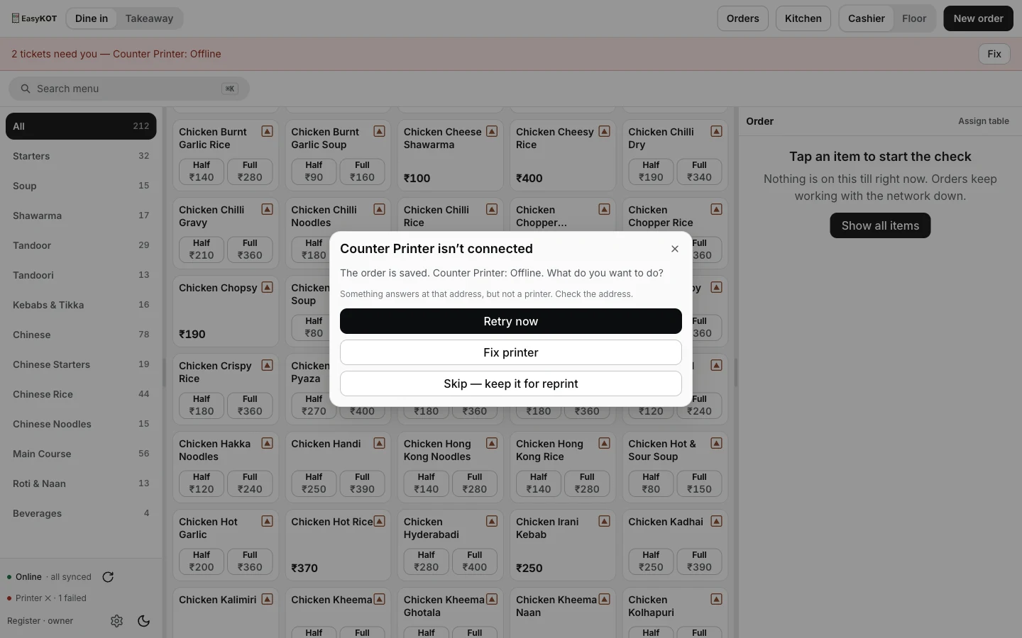 A dialog titled 'Counter Printer isn't connected — The order is saved. Counter Printer: Offline. What do you want to do?' with buttons Retry now, Fix printer, and Skip — keep it for reprint, over a catalog screen showing a red '2 tickets need you' bar.