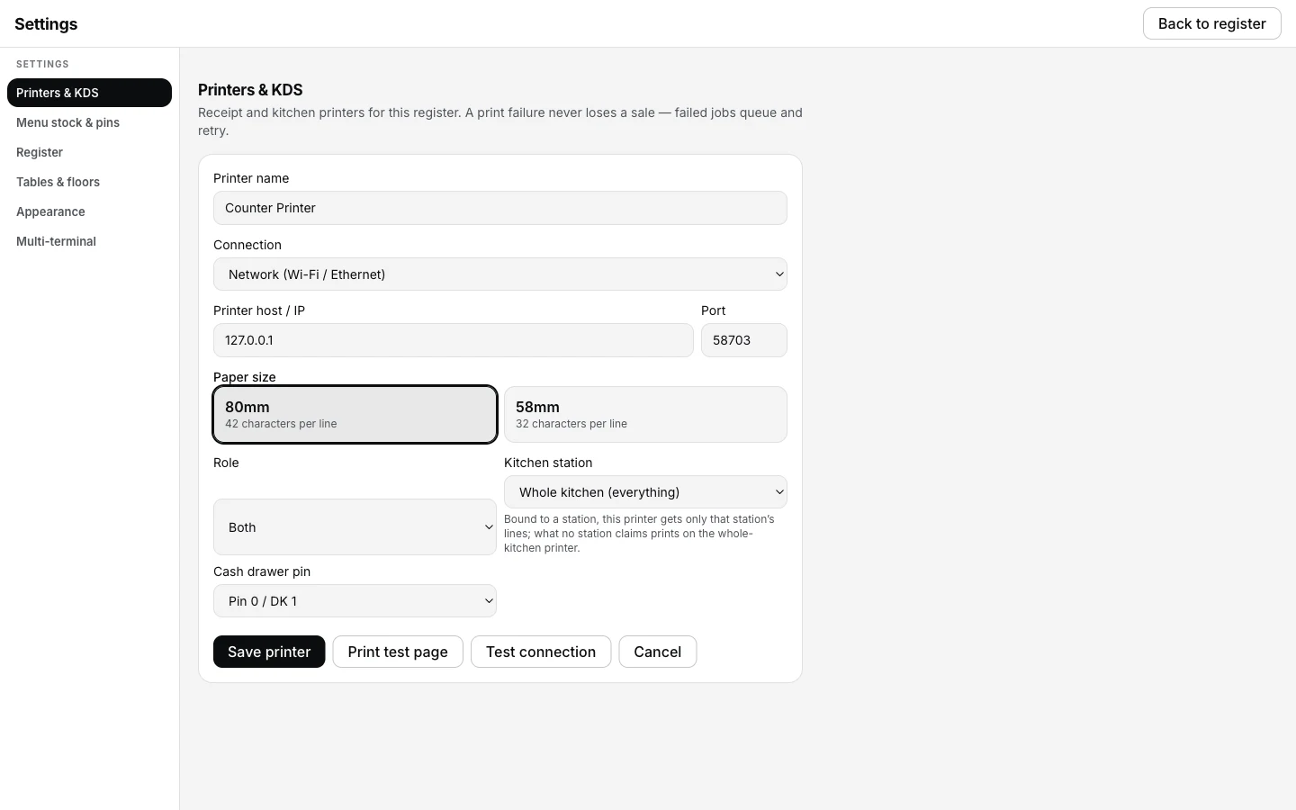 EasyKOT printer edit form with a Kitchen station dropdown set to Whole kitchen (everything), and the note: bound to a station, this printer gets only that station's lines; what no station claims prints on the whole-kitchen printer