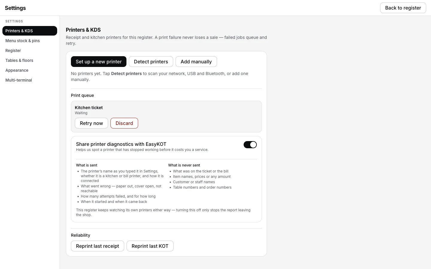 EasyKOT register Settings, Printers and KDS section with no printer added yet: Set up a new printer, Detect printers and Add manually buttons, a waiting Kitchen ticket print-queue row, the Share printer diagnostics toggle, and Reprint last receipt / Reprint last KOT under Reliability