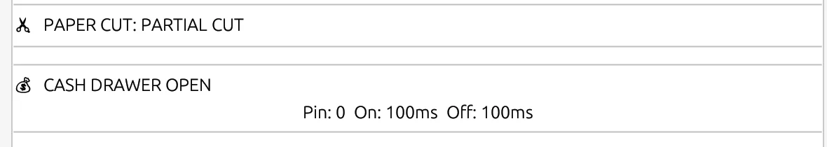 The tape from a real EasyKOT settle, right after the bill's cut: CASH DRAWER OPEN — Pin: 0, On: 100ms Off: 100ms, the drawer-kick pulse made visible on the receipt printer
